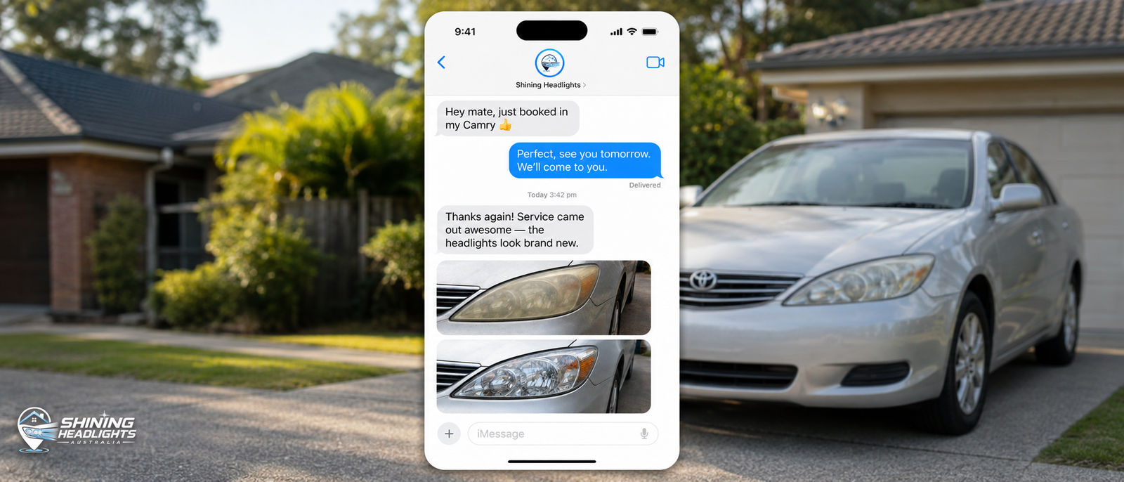 Mobile headlight restoration booking confirmation message with before and after photos